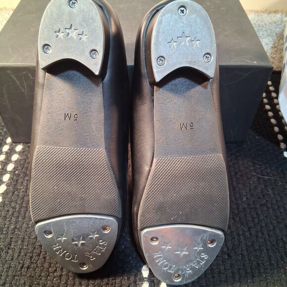 Star Tone Theatrical Tap Shoes Lace Up Black Kid's Unisex Heel Toe, Size 5M - Picture 9 of 13